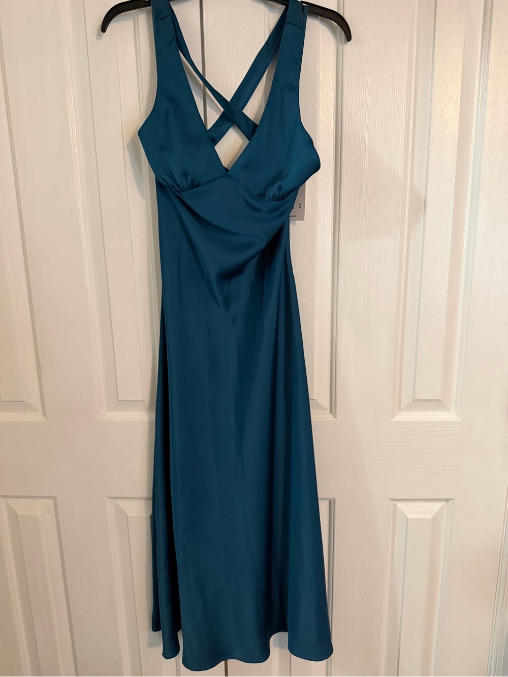 Teal Satin Cross-Back Midi Dress